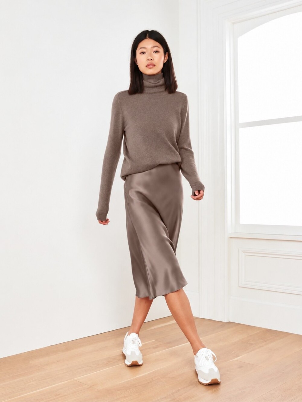 Quince 100% Washable Silk Midi Skirt Taupe XS